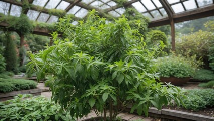 Poster - Perilla Plant Dense Foliage in Lush Botanical Garden Setting with Glass Roof and Greenery