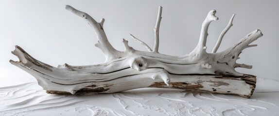 Poster - Textured white driftwood art piece showcasing natural beauty on a minimalistic white background ideal for eco-friendly design themes.