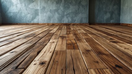 Poster - Wooden floor texture perspective with rustic wall interior perfect for home design or renovation concepts. High-quality natural material aesthetic.