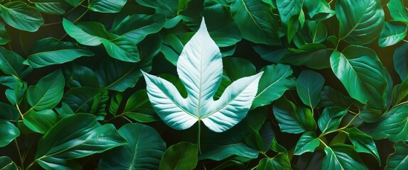 Poster - Unique white leaf surrounded by lush green foliage creating a striking contrast in nature's vibrant color palette.