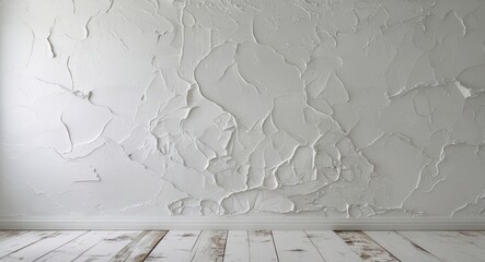 Poster - Textured white plaster wall with rustic wooden floor creating a bright and clean space ideal for interior design or artistic projects.