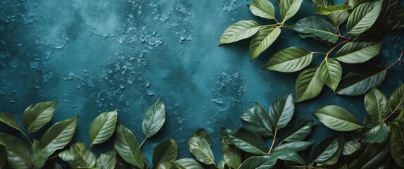 Poster - Leafy Background with Turquoise Texture and Space for Text Design Elements