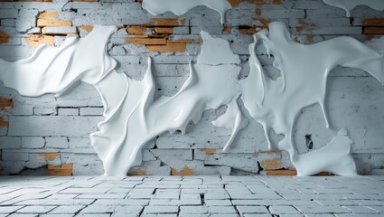 Poster - White Paint Dripping on Textured Concrete Wall with Exposed Brick Ideal for Backgrounds in Presentations and Web Design Templates