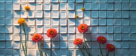 Aufkleber - Colorful flower arrangement on white tile background creating a vibrant texture and pattern suitable for diverse design projects.
