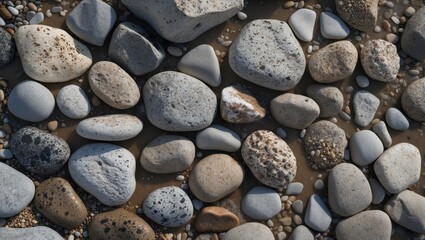 Poster - Colorful pebbles and stones on a sandy beach viewed from above creating a natural pattern ideal for backgrounds and nature themes
