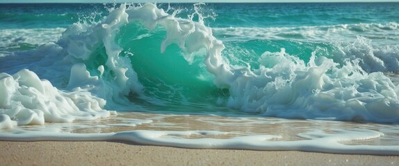 Poster - Turquoise Ocean Waves Breaking on Golden Sand Beach with White Foam Close Up and Clear Summer Holiday Vibes Ideal for Text Overlay