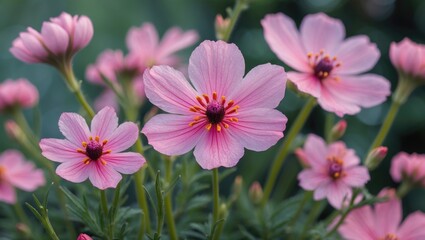 Poster - Pink Cosmos Flowers Blooming in Garden Setting Natural Beauty and Delicate Petals Perfect for Floral Themes and Nature Photography