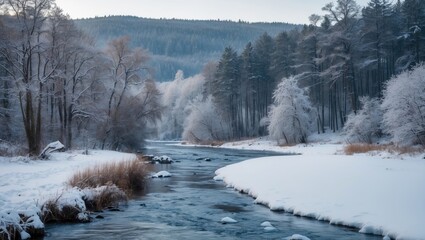 Poster - Serene winter landscape featuring a snow-covered forest and a winding river under a tranquil sky.