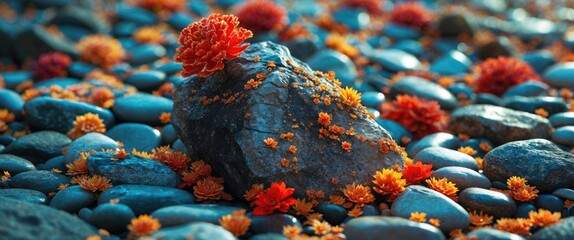 Poster - Colorful flowers atop pebbles creating a vibrant natural background in a serene outdoor setting showcasing harmony between flora and stone.