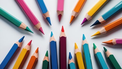 Poster - Colorful pencils arranged on a white background creating a vibrant display with ample copy space for creative design purposes.