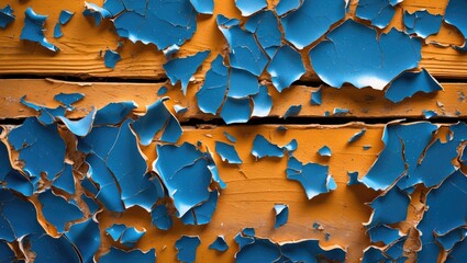 Poster - Macro close-up of a weathered wooden surface revealing vibrant blue paint chips against a rustic orange background showcasing texture and decay.