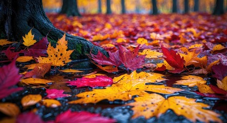 Poster - Vibrant autumn foliage scattered on a wet ground showcasing colorful fallen leaves amidst a serene forest setting