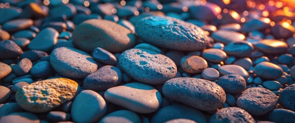 Poster - Colorful pebbles stone background with unique textures and patterns illuminated by natural light for a serene outdoor setting.