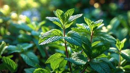 Poster - Fresh peppermint leaves thriving in a vibrant garden basking in sunlight surrounded by lush greenery and natural elements.