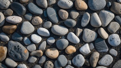 Poster - Colorful pebbles scattered on a sandy beach creating a natural textured background for design and artistic composition.