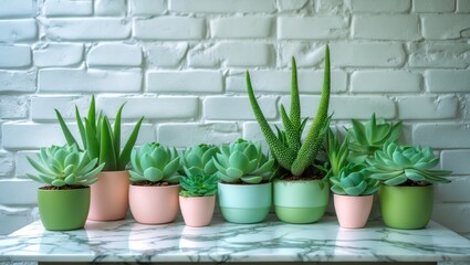 Poster - Stylish collection of pastel succulent plants arranged on a marble desk against a textured white brick wall in a serene office environment.