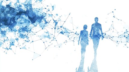 Poster - Couple walking, network background, future tech, website banner