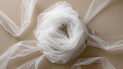 Poster - Delicate white wedding tulle arranged in elegant folds on a soft beige background showcasing intricate fabric texture and design.