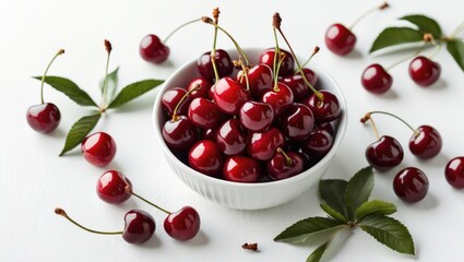 Poster - Fresh Red Cherries in a White Bowl Surrounded by Leaves on a Clean White Background Perfect for Culinary and Food Photography