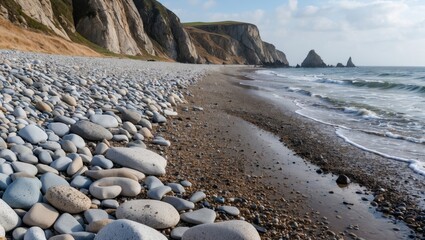 Poster - Coastal landscape featuring a pebbly beach with gentle waves and rocky cliffs under a clear sky in a serene natural setting