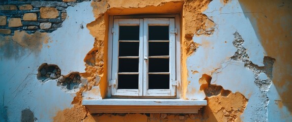 Poster - Weathered white wooden window on a textured wall with peeling paint and cracks showcasing architectural decay and rustic charm.