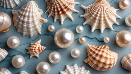 Poster - Seashells and Pearls on Blue Background Nature Inspired Texture with Space for Text and Design Elements
