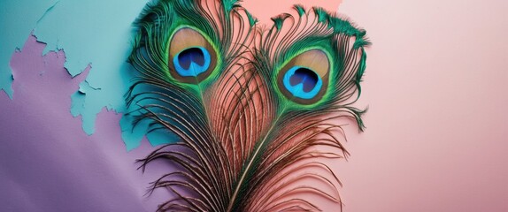 Poster - vibrant peacock feather displayed on a soft pastel colored paper background showcasing intricate det