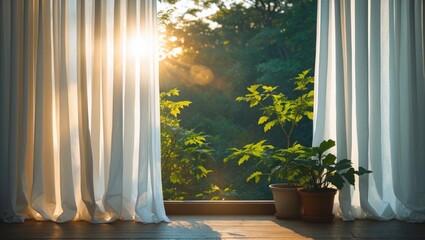 Poster - Bright morning sunlight streaming through white curtains illuminating greenery in a serene indoor setting with potted plants.