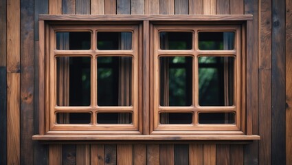 Poster - Elegant Teak Wood Window Frame with Natural Texture and Reflection on a Rustic Wall Background