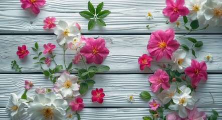 Poster - Floral arrangement with pink and white flowers on a textured white wooden background creating a fresh and vibrant natural look.