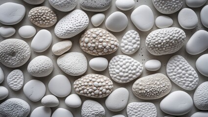 Poster - Smooth white pebbles arranged in an abstract pattern providing a serene and textured background perfect for various design applications.