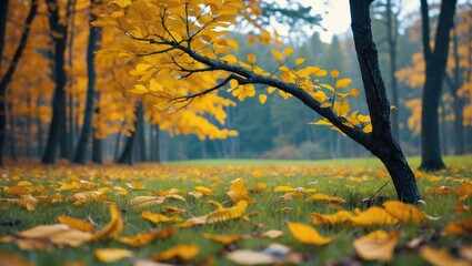 Poster - Autumn tranquility in a forest showcasing a solitary branch with vibrant yellow leaves amidst a carpet of fallen foliage.