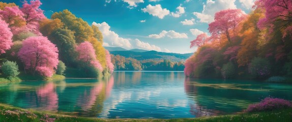 Poster - Tranquil Lakeside Scene Surrounded By Vibrant Trees Reflecting In Water With Clear Sky And Space For Text Overlay