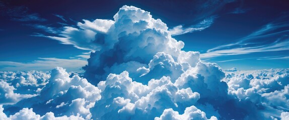 Poster - Majestic fluffy white clouds illuminated by sunlight against a deep blue sky creating a serene and tranquil atmosphere.