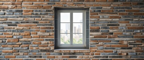 Poster - Cement brick wall with patterned tiles and a window showcasing an urban view behind, ideal for interior design or architectural themes.
