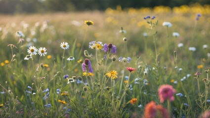 Poster - Vibrant Wildflower Field Under Soft Summer Light with Variety of Colorful Blossoms and Greenery in Natural Landscape Setting