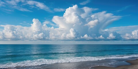 Poster - Tranquil Ocean View With Clear Blue Sky And Fluffy White Clouds Ideal For Backgrounds With Space For Text Or Branding Messages