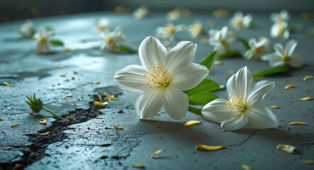 Poster - White flowers delicately scattered on a textured cement floor creating a serene and tranquil ambiance with natural beauty and elegance.