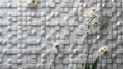 Poster - Elegant white mosaic tiles with floral accents creating a serene abstract background and texture for modern interior design concepts.