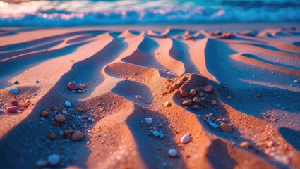 Poster - Beach Sand Patterns with Colorful Shells and Empty Space for Text Insertions in a Scenic Coastal Background