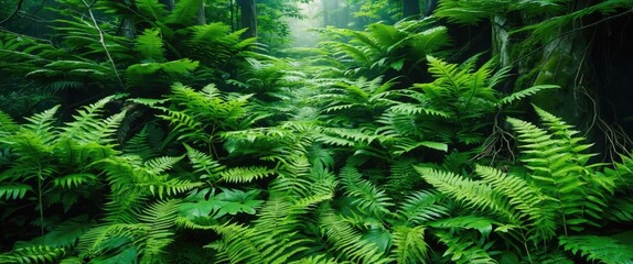 Poster - Lush green ferns in a serene forest setting showcasing rich biodiversity and the beauty of ecological nature in a tranquil environment