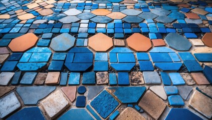 Poster - Vibrant mosaic of diverse blue tiles showcasing various shapes and textures for artistic and decorative design inspiration.