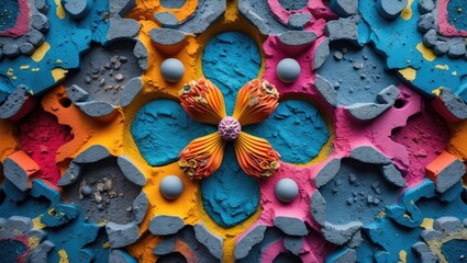 Poster - colorful abstract patterns and textures of cement with floral design elements for creative backgroun