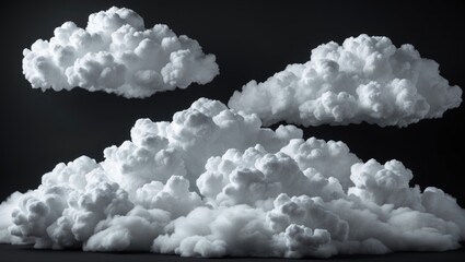 Poster - Fluffy white clouds isolated on a black background showcasing various shapes and textures for artistic and design purposes.
