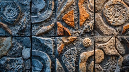Poster - Textured stone surface with intricate patterns and natural colors for decorative backgrounds or architecture design concepts.