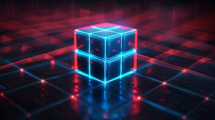 Poster - Abstract neon glowing cubes background. Abstract Digital Cubes . Abstract background. Abstract futuristic. Digital art illustration. Futuristic technology. Digital technology. High Tech. Copy space