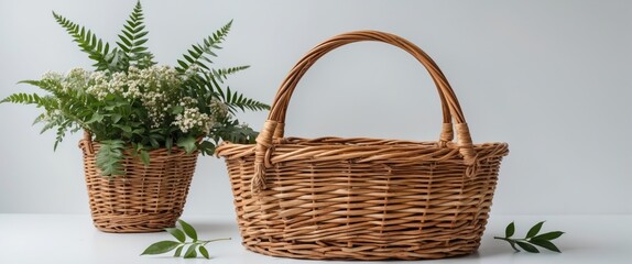 Poster - Wicker Basket with Handle and Decorative Plants on White Surface for Text Space and Nature Themes