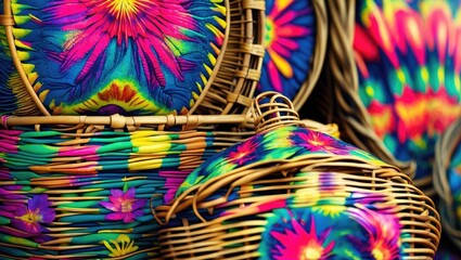 Poster - Vibrant wicker baskets with colorful patterns showcasing intricate craftsmanship and texture in a decorative close-up composition.