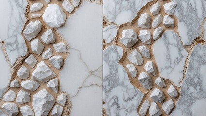 Poster - Natural white marble surface with embedded stones creating a unique textural pattern ideal for interior design and architecture backgrounds.