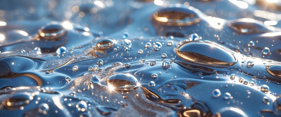 Poster - Water droplets on a reflective metallic surface creating shimmering patterns and reflections in a close-up view.